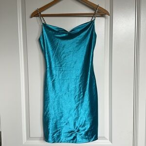 Crystal Sky Bodycon Dress sz XS Cowl Neck Diamond Straps Back Zipper Teal Blue